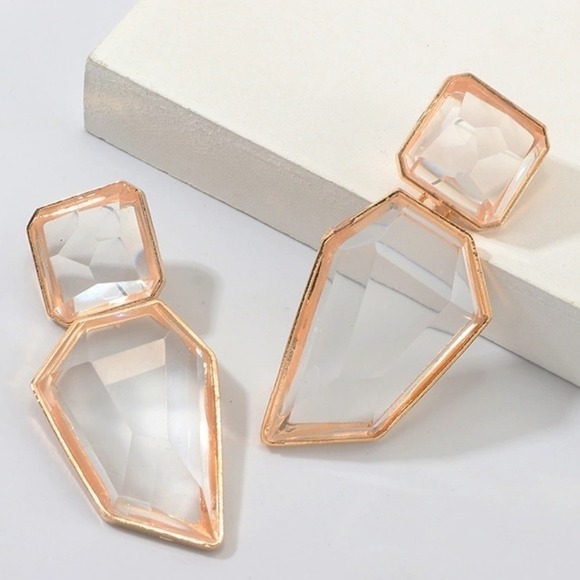 Gold statement earrings Oversized crystal clear geometric cocktail prom 💖 - Picture 15 of 16